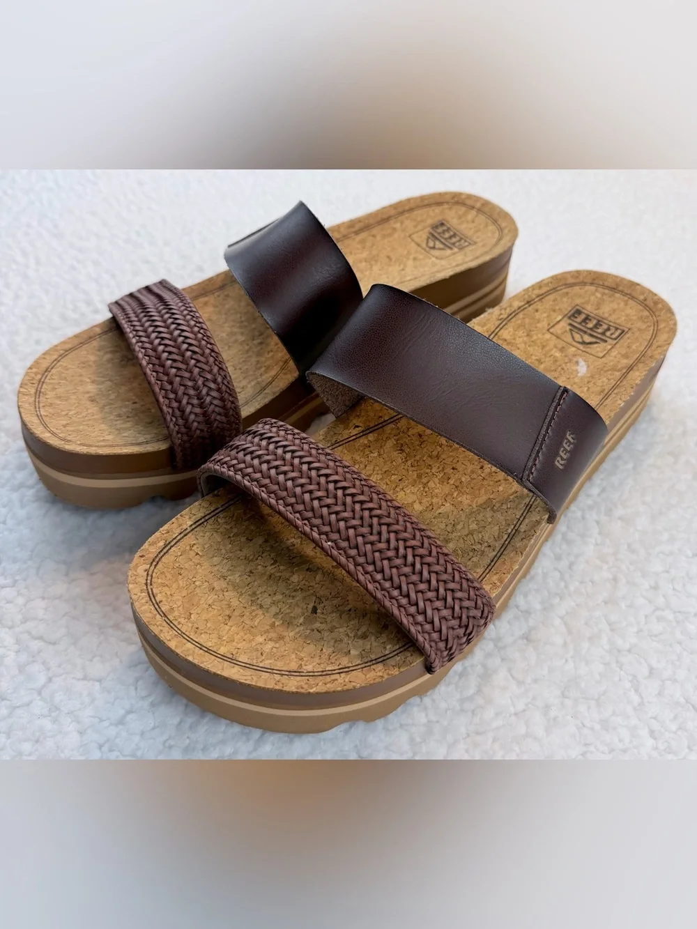 REEF • Brown Cushion Vista Hi Dual-Strap Braided Platform Slide Sandals, 10